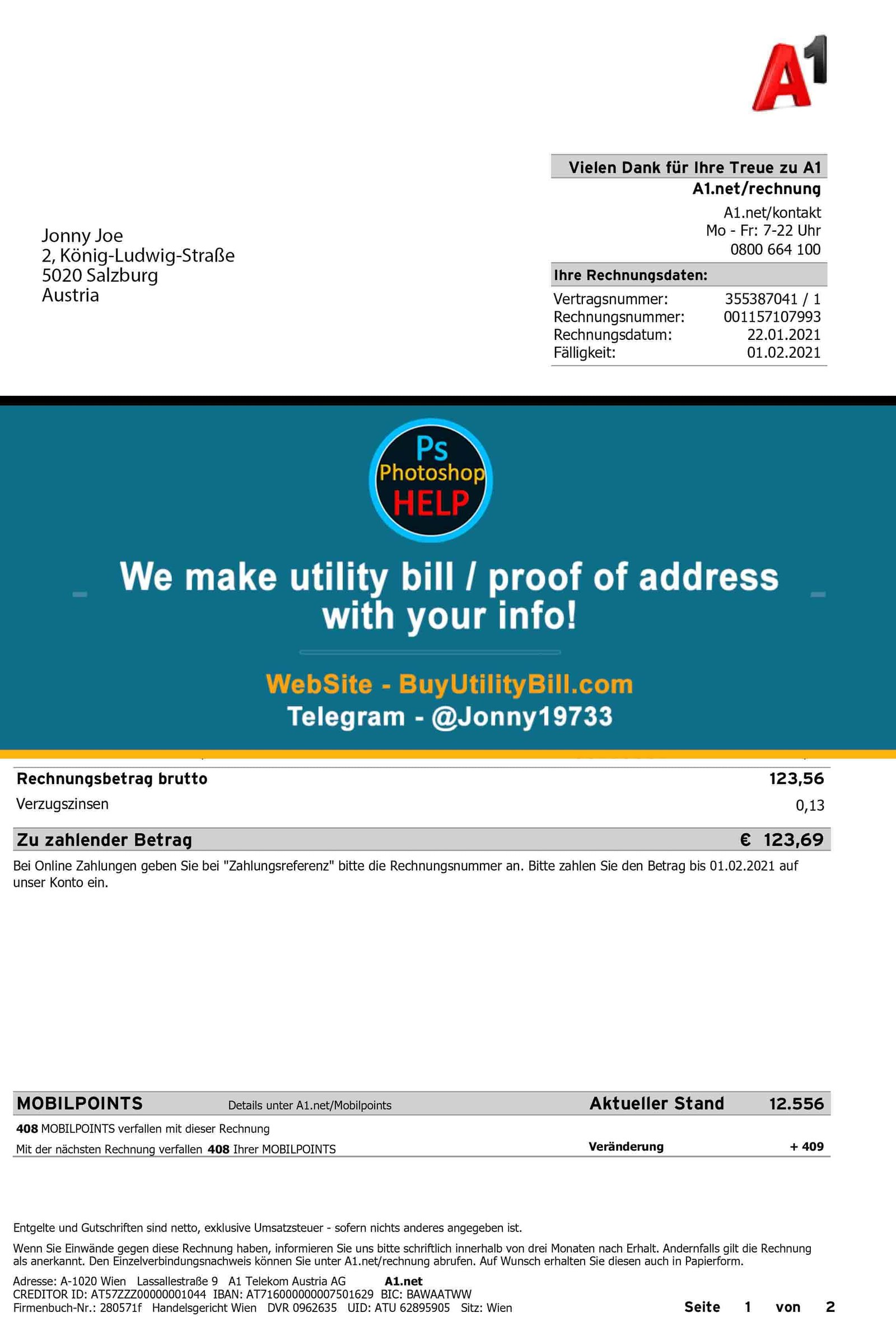 Austria A1 Internet,TV,Mobile bill Fake Utility bill