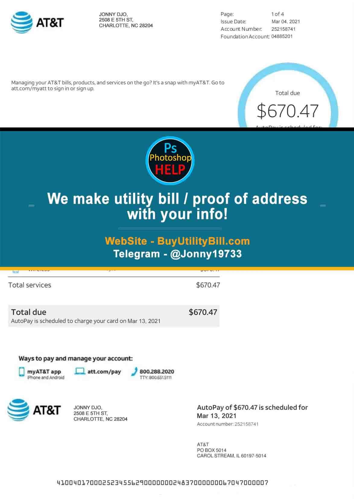 North Carolina USA fake Proof of address for television cable phone ATT Fake Utility bill