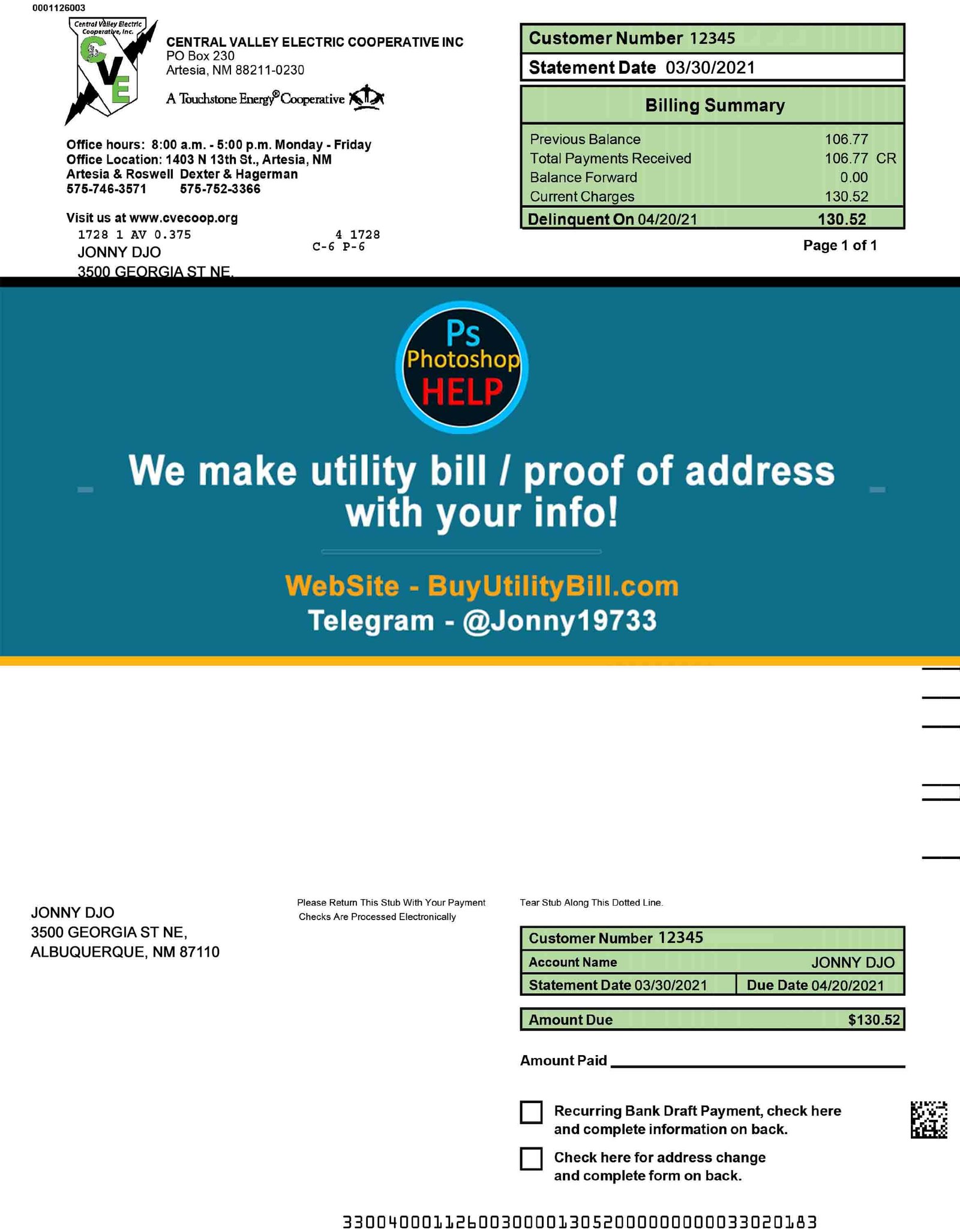 New Mexico USA fake Utility bill for electricity Central Valley Electric Fake Utility bill