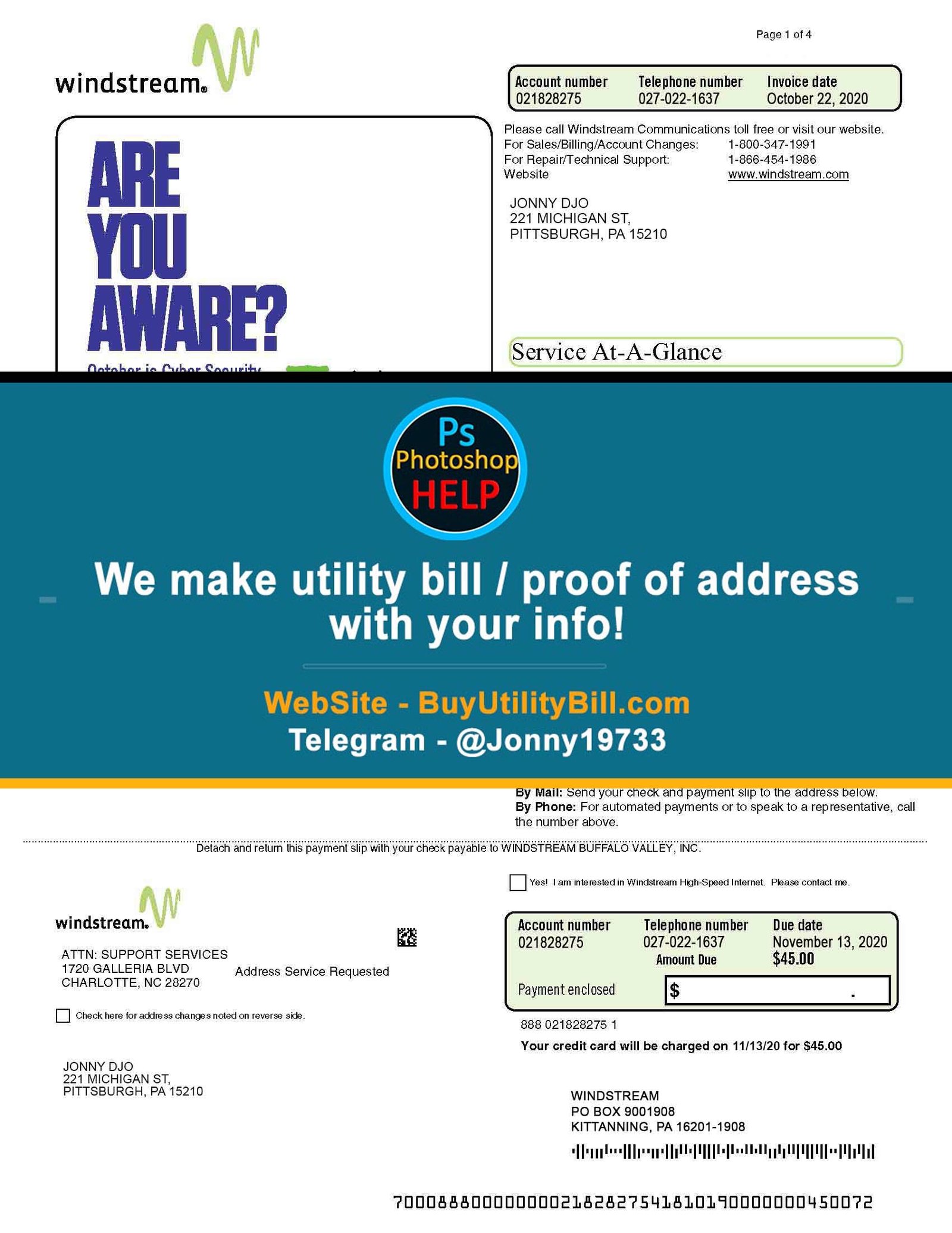 Pennsylvania Windstream for internet and networking Fake Utility bill