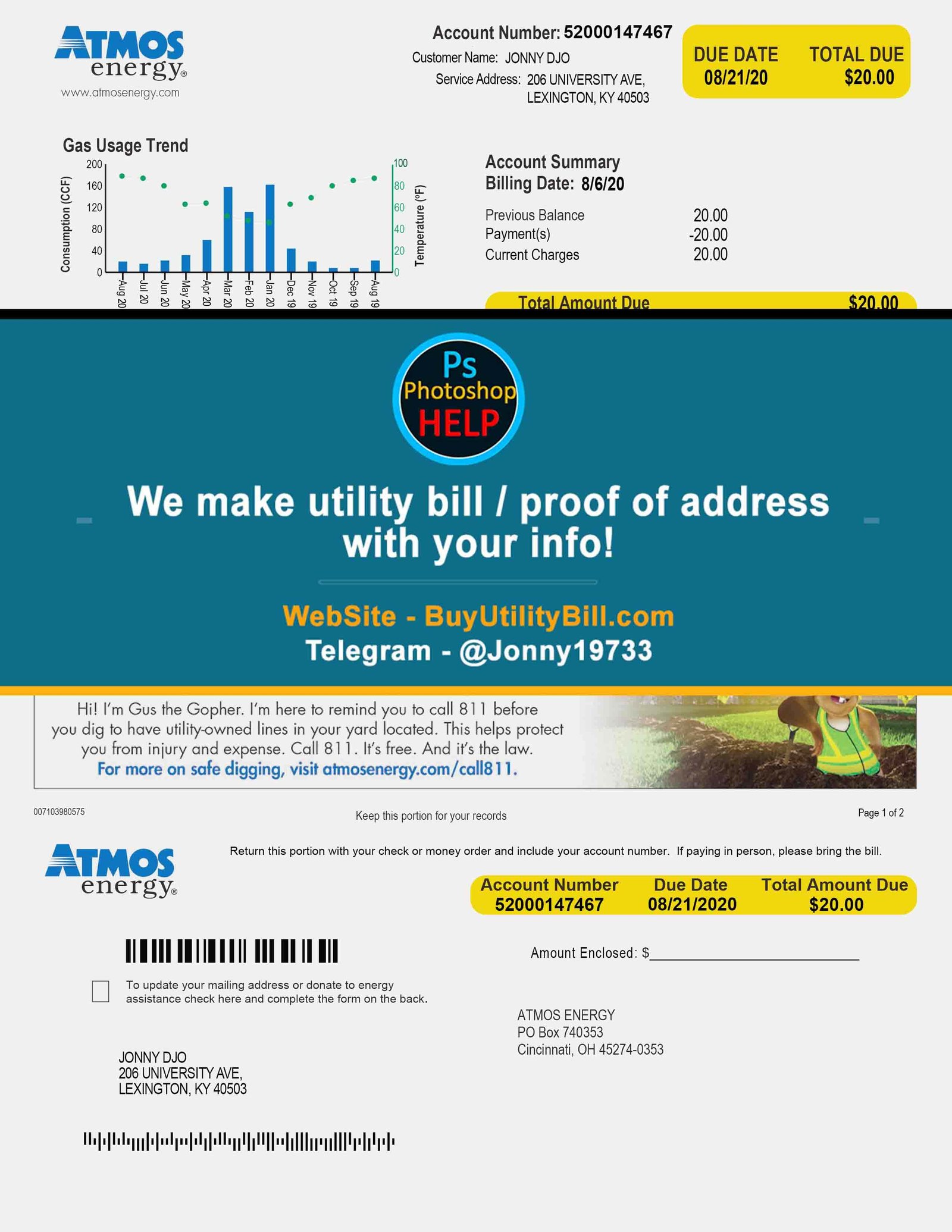 Kentucky USA fake Proof of address for electricity Atmos Energy Fake Utility bill