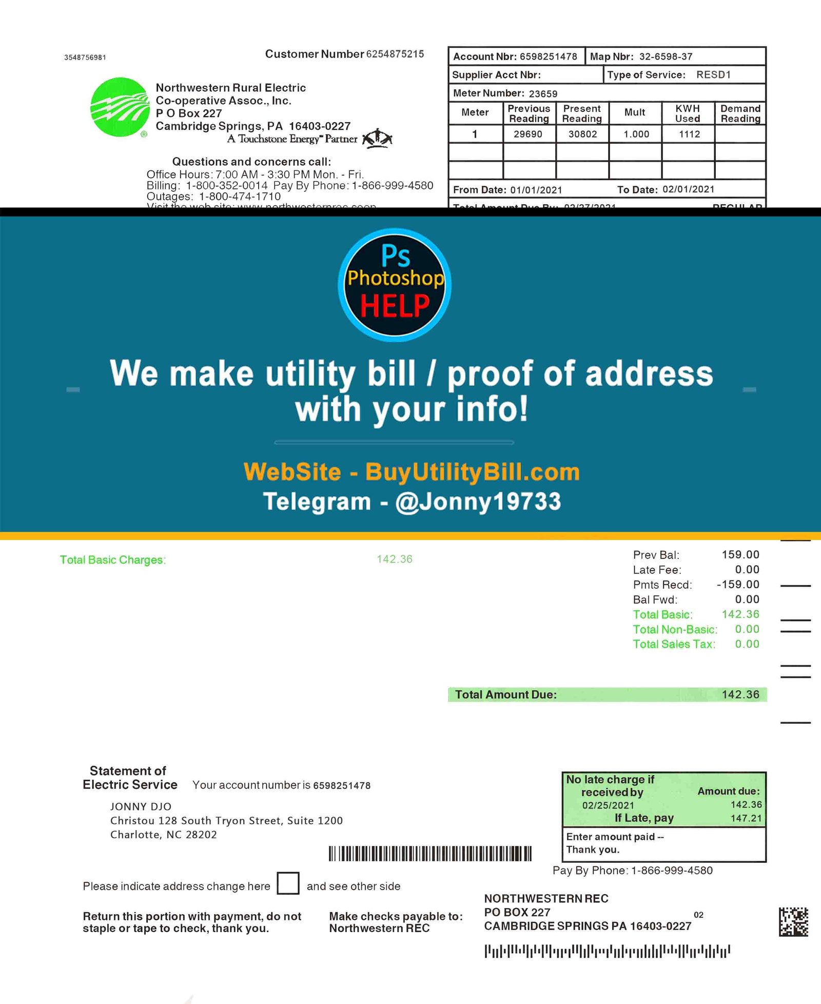 North Carolina USA fake Proof of address for electricity Northwestern Rural Electric Fake Utility bill