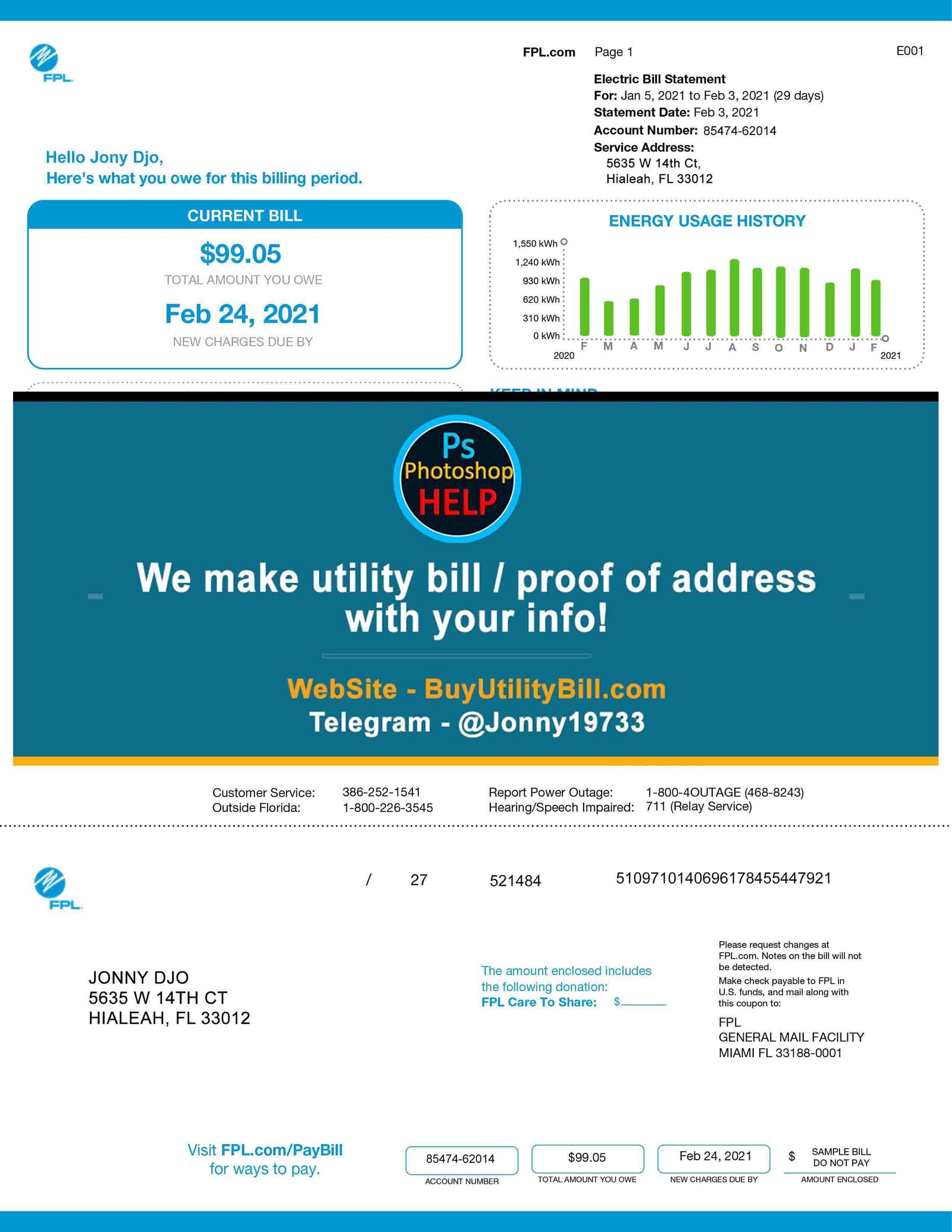 Florida FPL ELectric Bill Statement Fake Utility bill