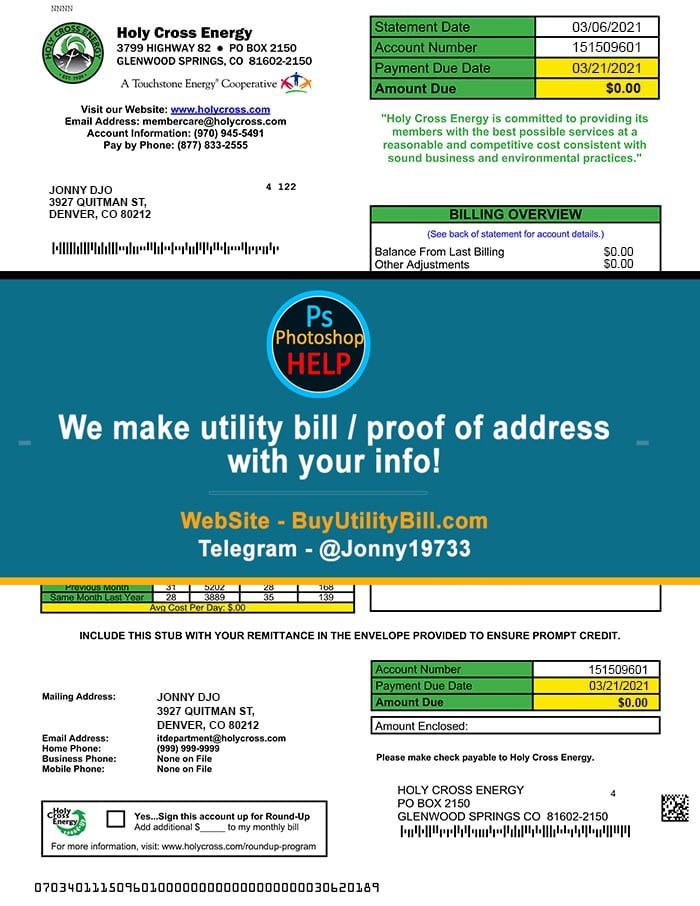 Colorado Energe Holy Cross Fake Utility bill