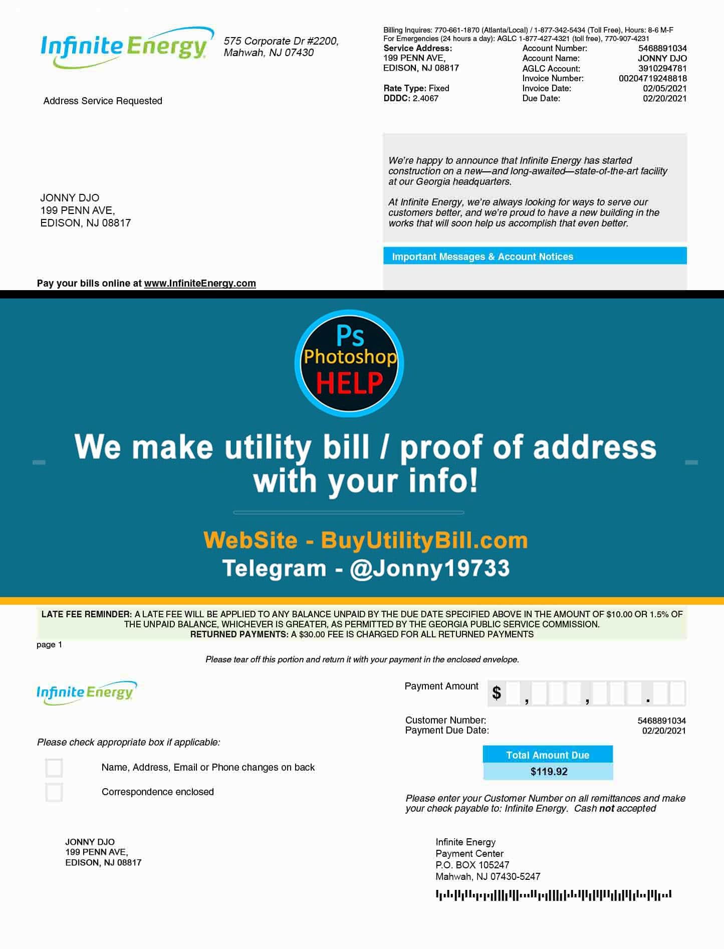 New Jersey Infinite Energy Fake Utility bill