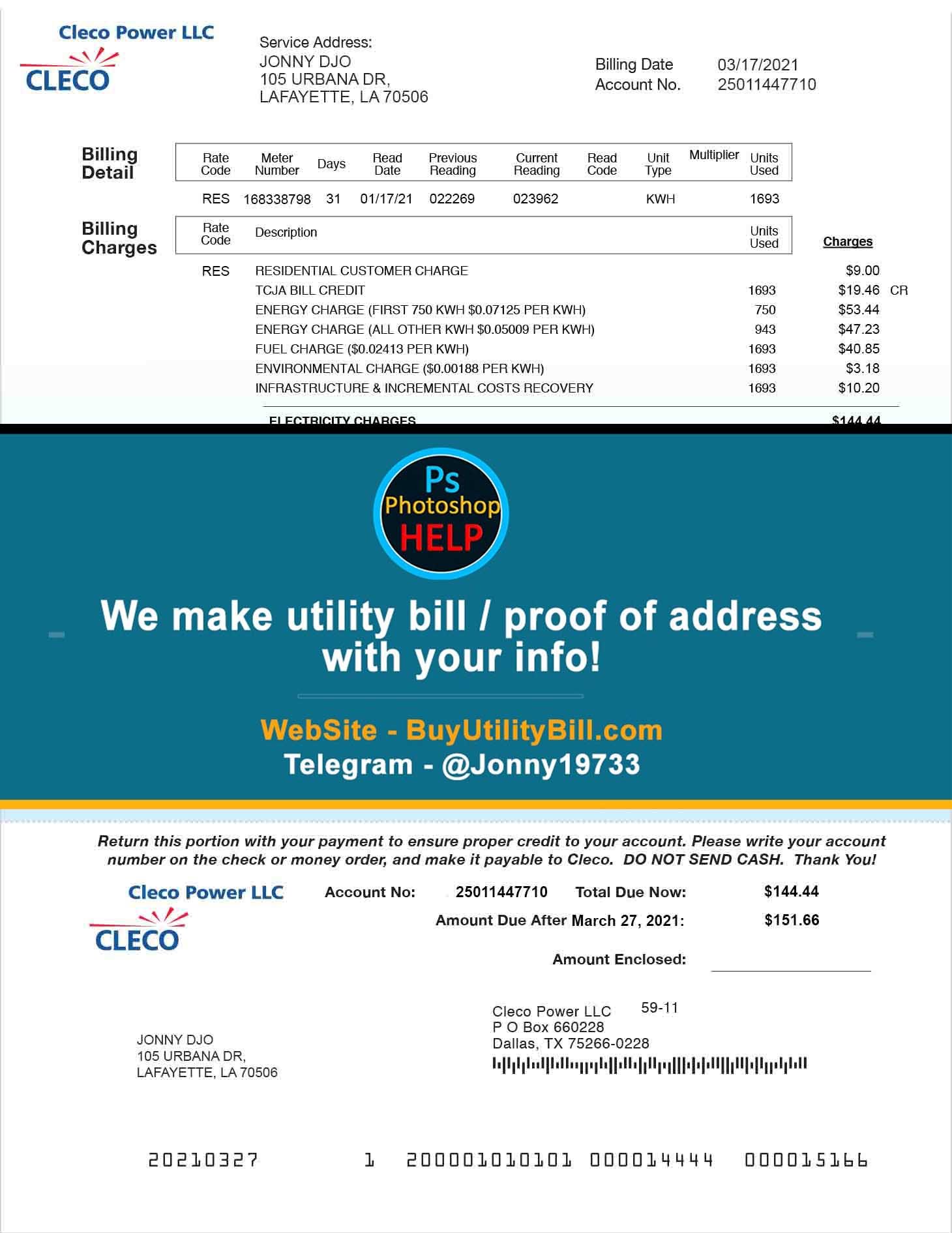 Louisiana Cleco Power Fake Utility bill