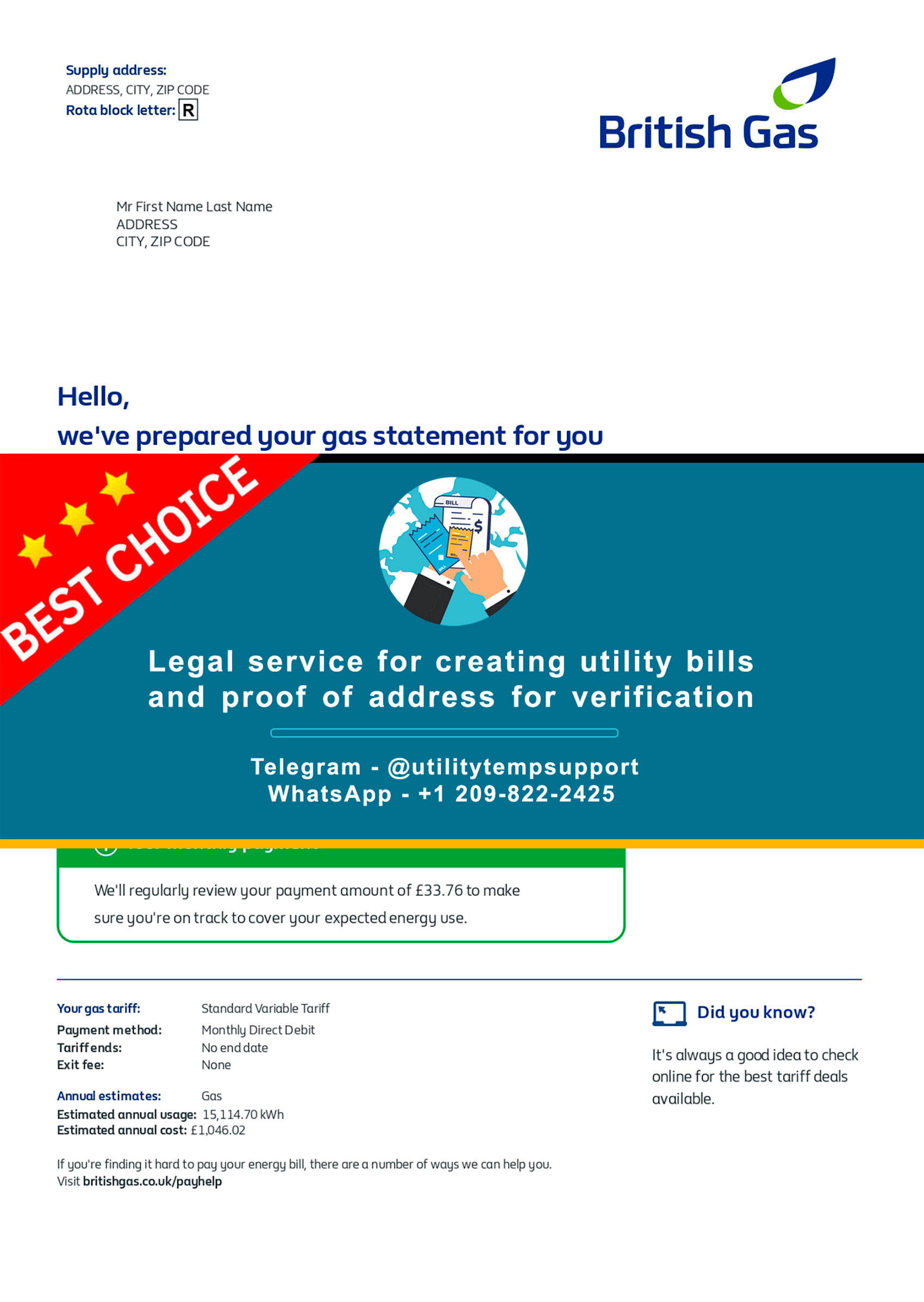 British Gas UK utility bill template preview with structured statement and charges breakdown