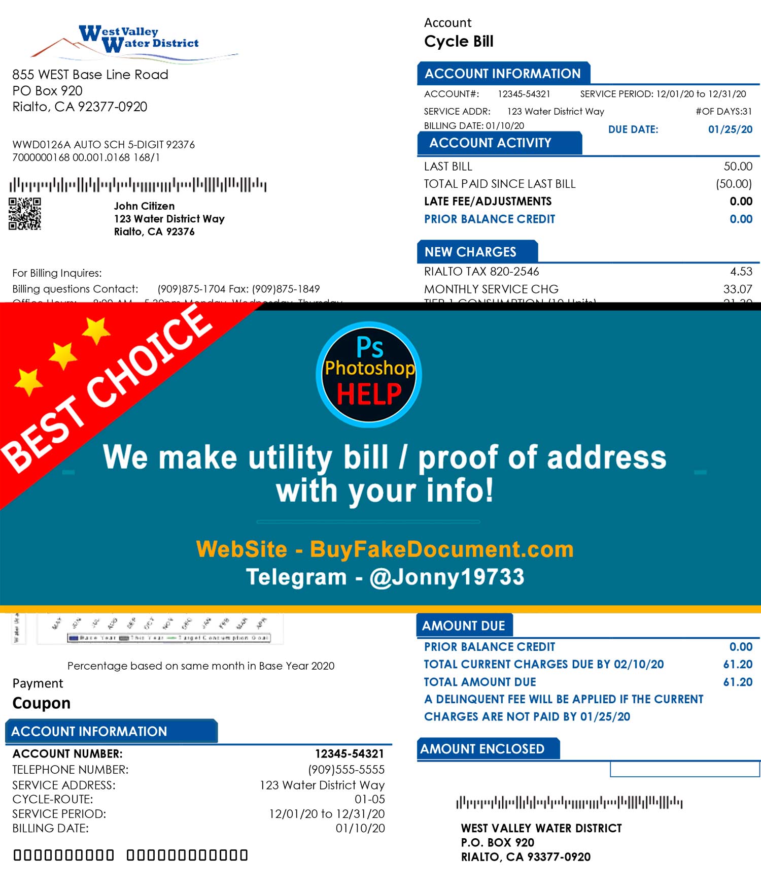 California West Valley Water District water bill template preview with meter usage and total due layout