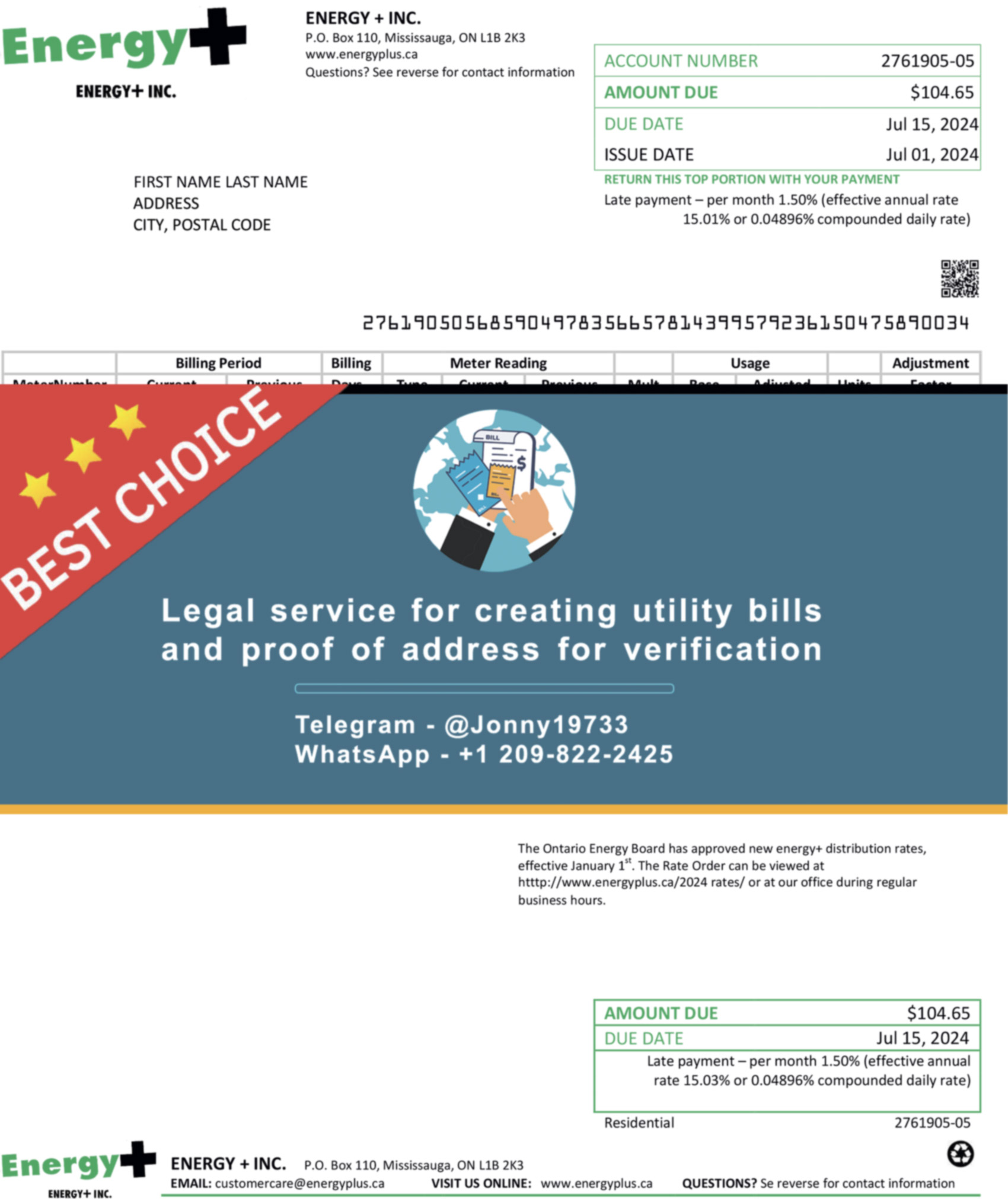 Energy Plus Canada utility bill template preview with itemized charges and payment summary layout