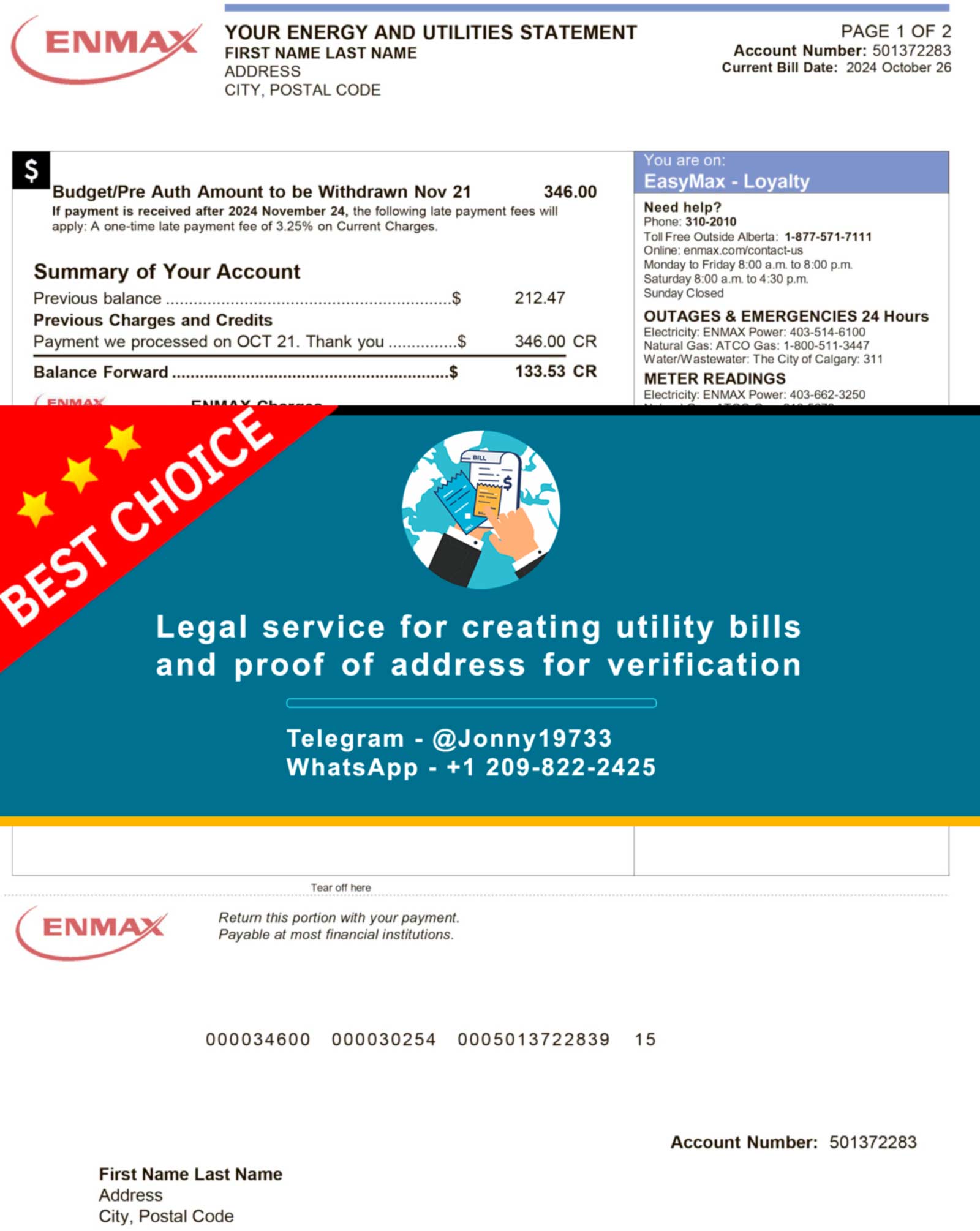 ENMAX Canada utility bill template preview with Alberta-style charges breakdown and total due section