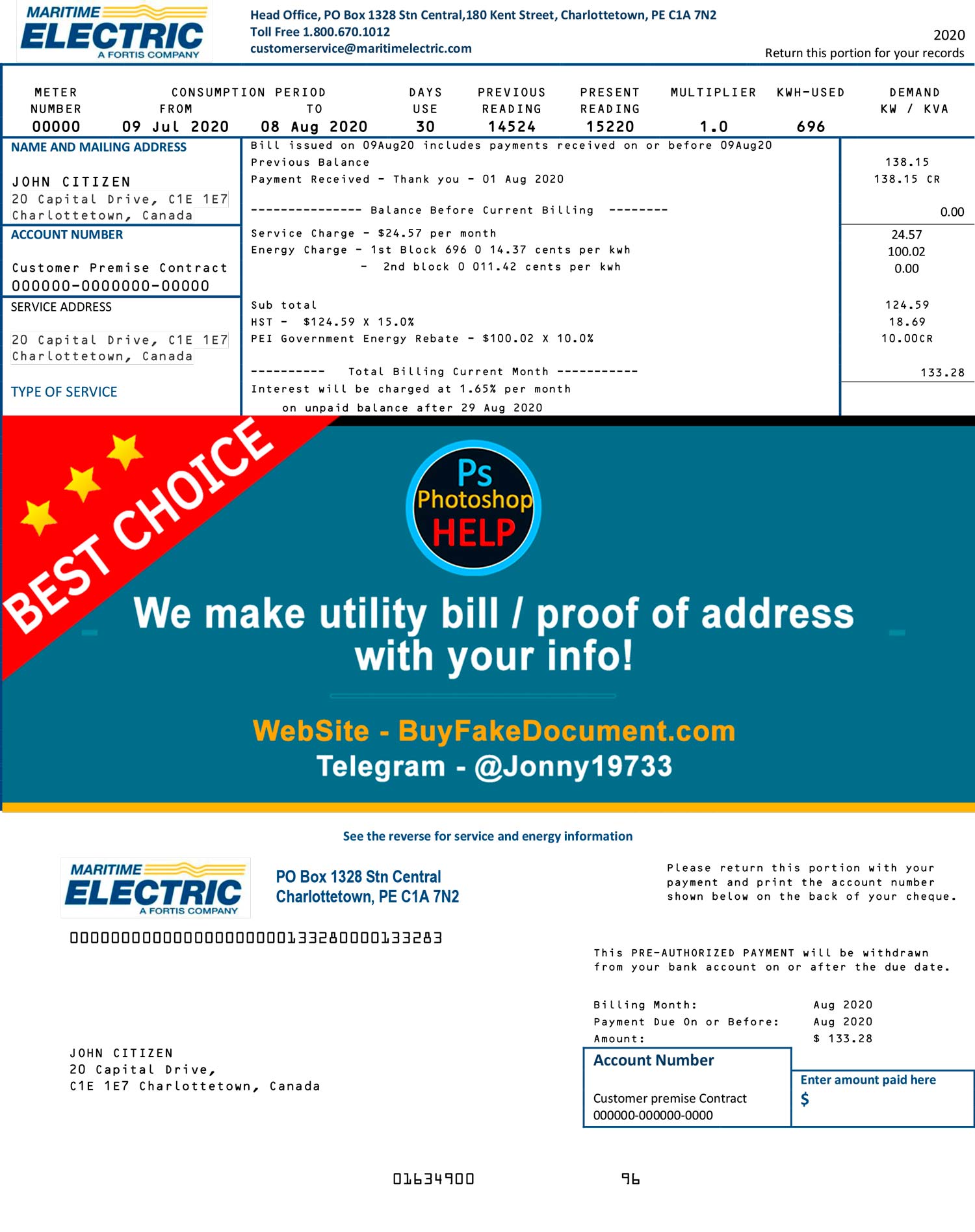 Maritime Electric Canada utility bill template preview showing usage lines and charges grouping