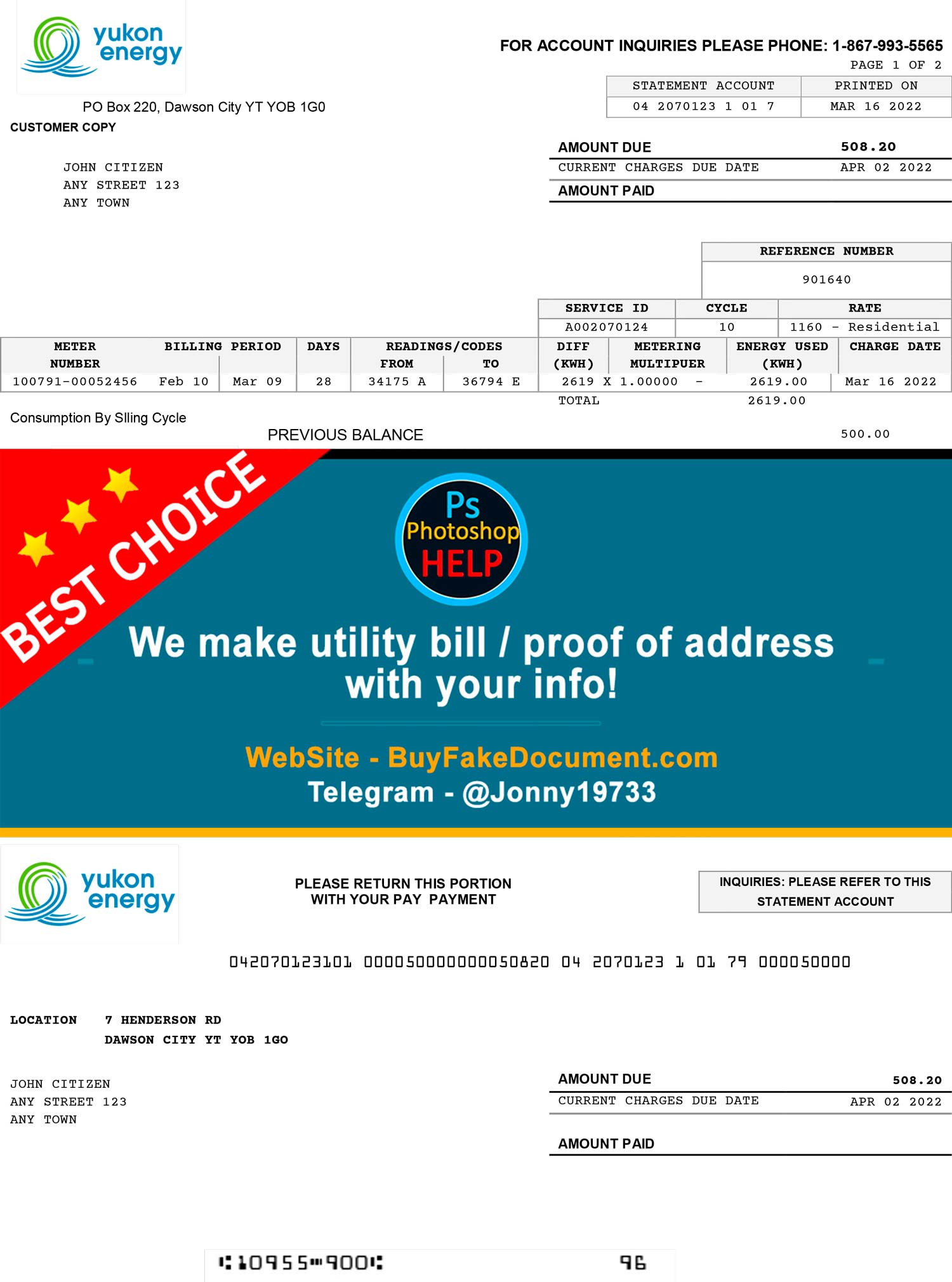 Yukon Energy Canada utility bill template preview with account header and billing summary layout
