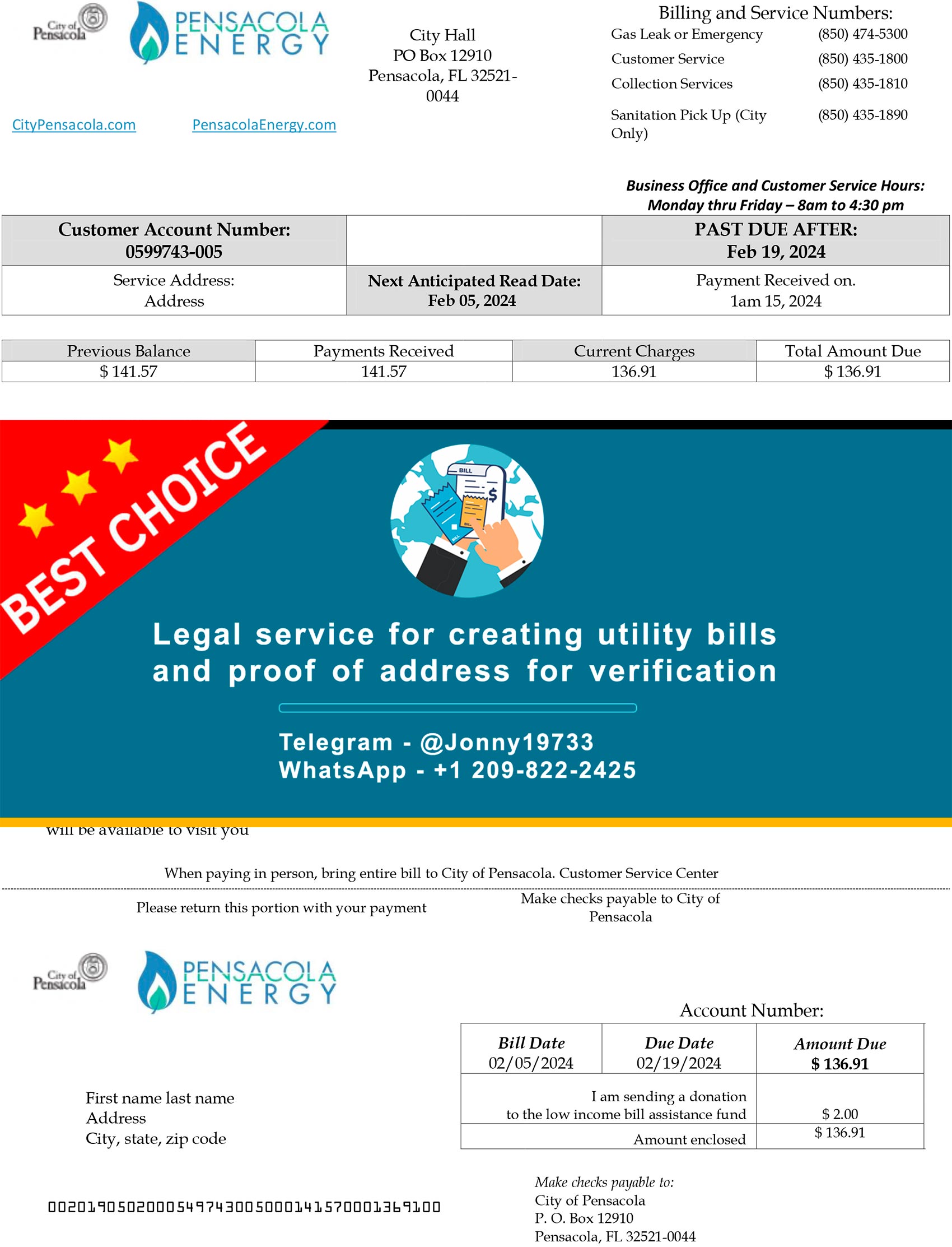 Pensacola Energy Florida gas bill template preview showing account details block and amount due panel