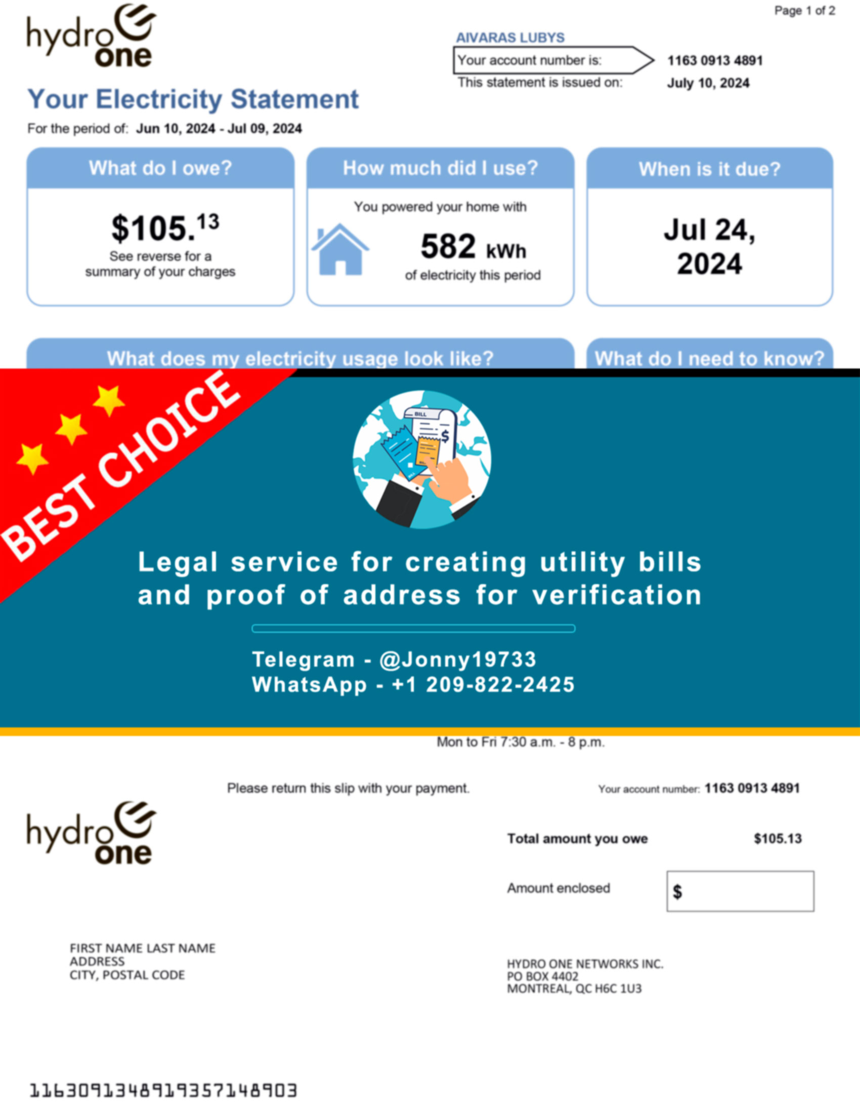 Hydro One Canada utility bill template preview with Ontario-style statement header and totals panel