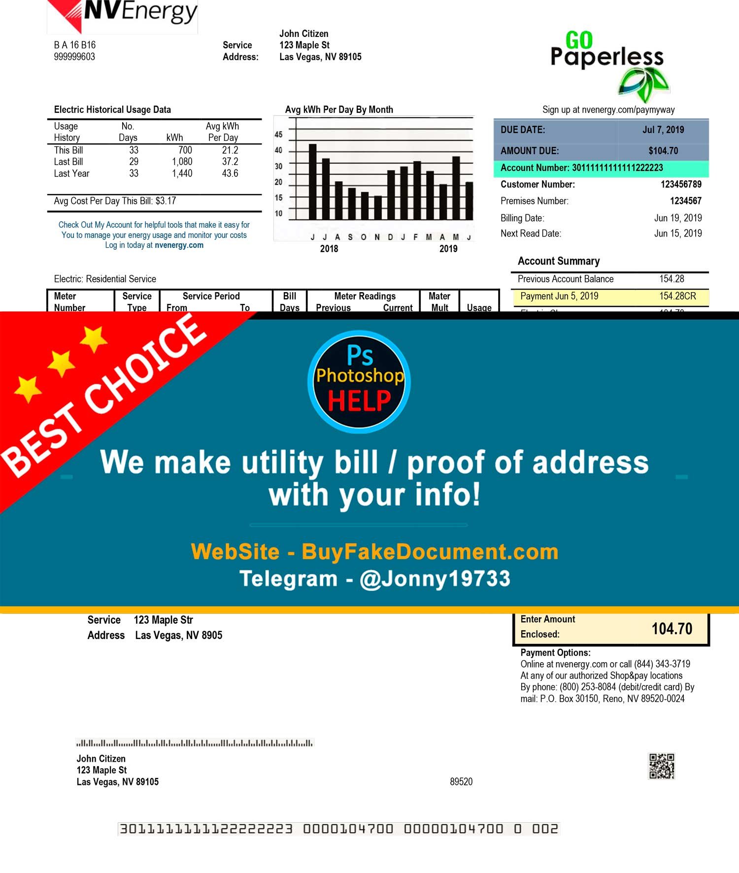 Fake Nevada NV Energy utility bill