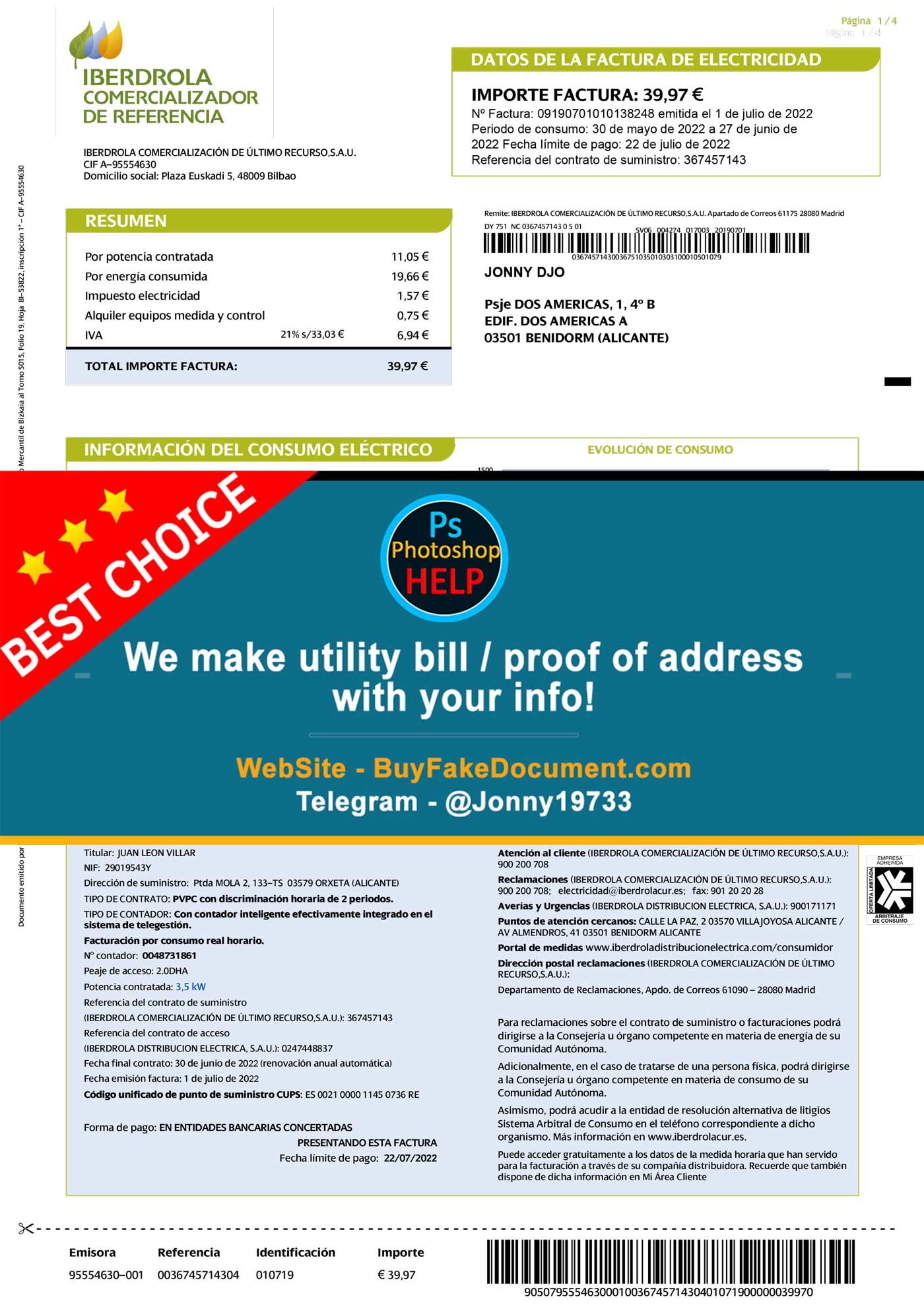 Fake New Iberdrola electricity utility bill Spain