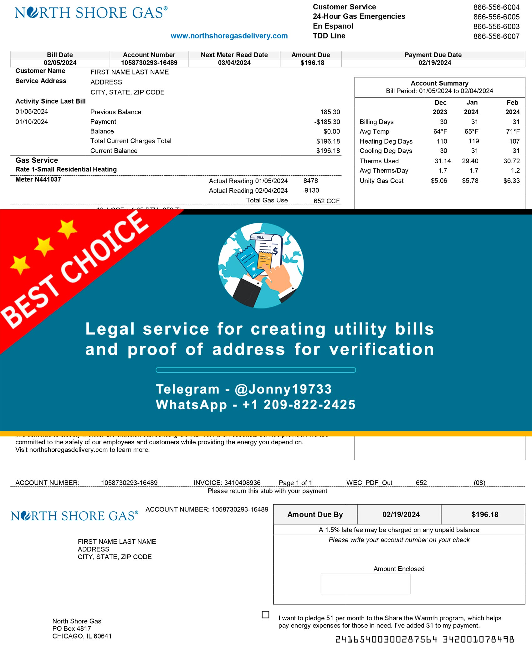 North Shore Gas Illinois bill template preview with usage section and itemized charge lines