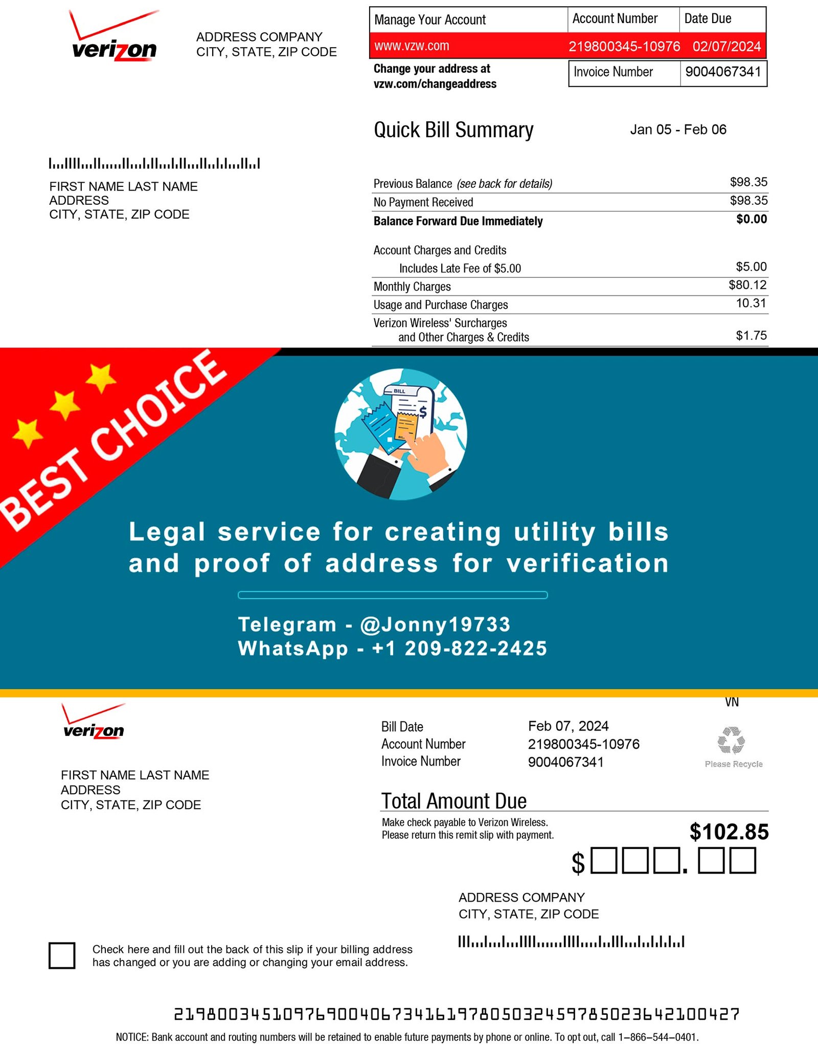 Fake Montana Verizon utility bill