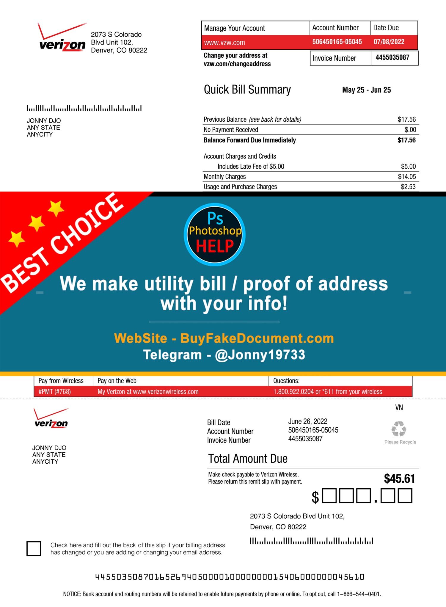 West Virginia Verizon utility bill Fake Utility bill