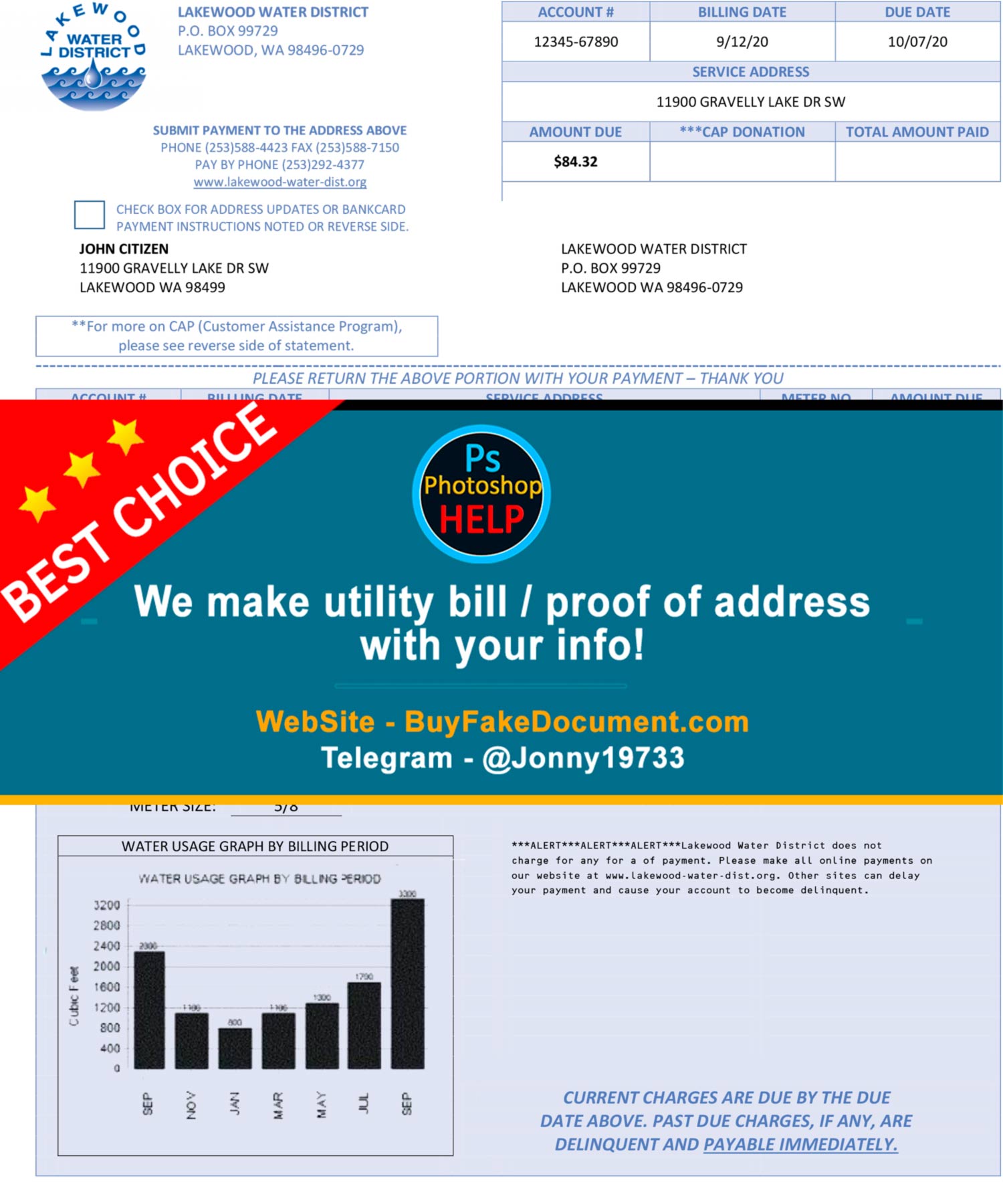 Washington Lakewood Water District water bill template preview with consumption table and charges summary