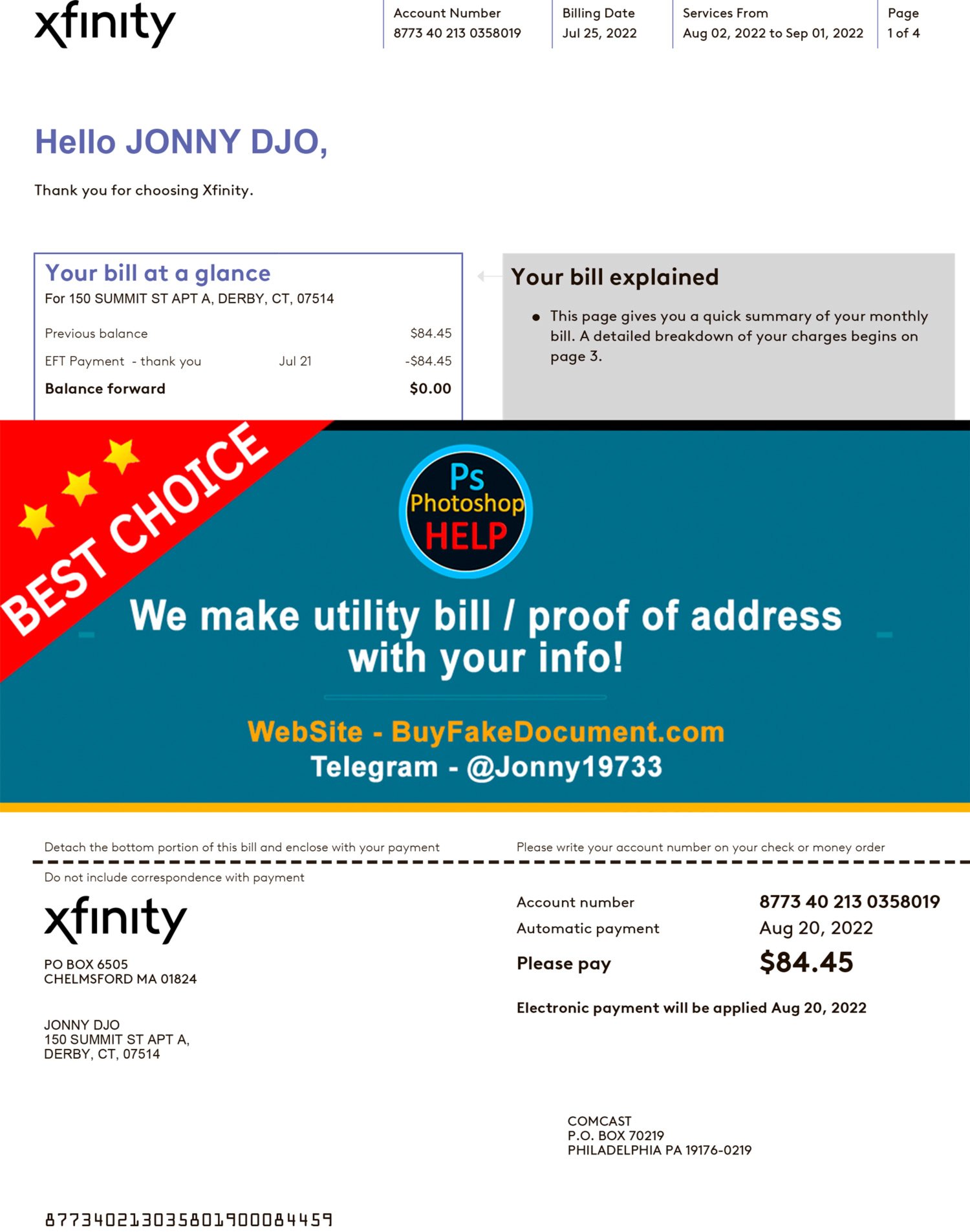Delaware Xfinity Utility bill Fake Utility bill