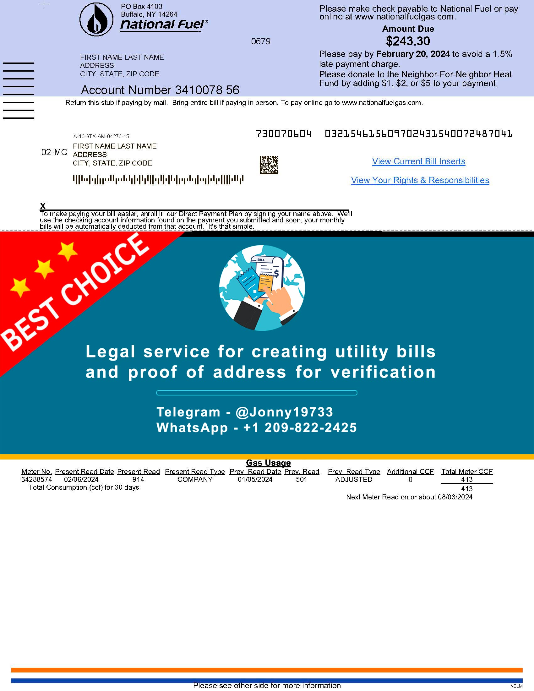 National Fuel Gas New York bill template preview with statement header and gas charges summary layout