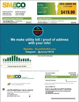 Maryland USA fake Template for electricity Smeco Power Sample Fake utility bill