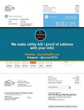 Vermont USA fake Utility bill for electricity Green Mountain Power Sample Fake utility bill