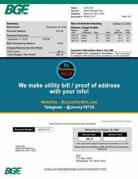 BGE Power Maryland Sample Fake utility bill
