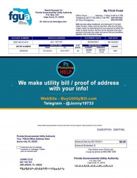 Florida FGUA Utility Authority Sample Fake utility bill
