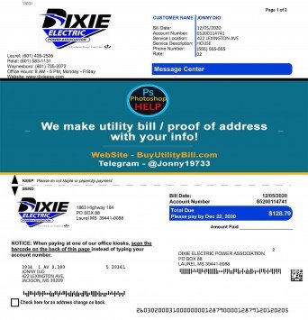 Mississippi USA fake Utility bill for electricity Dixie Electric Sample Fake utility bill