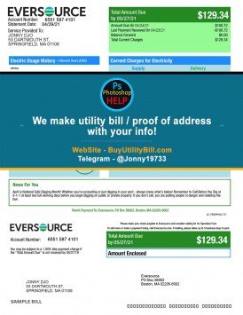 Massachusetts USA fake Utility bill for electricity Eversource Sample Fake utility bill