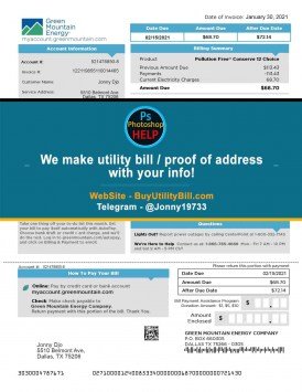 Texas USA fake Proof of address for electricity Green Mountain Energy Sample Fake utility bill