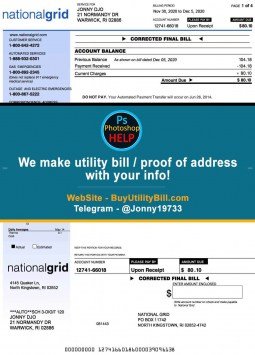 Rhode Island National Grid Gas & Electricity Sample Fake utility bill