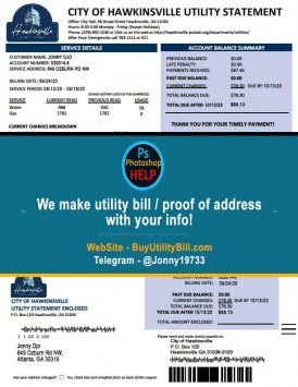 HAWKINSVILLE Georgia Gas and Water bill Sample Fake utility bill
