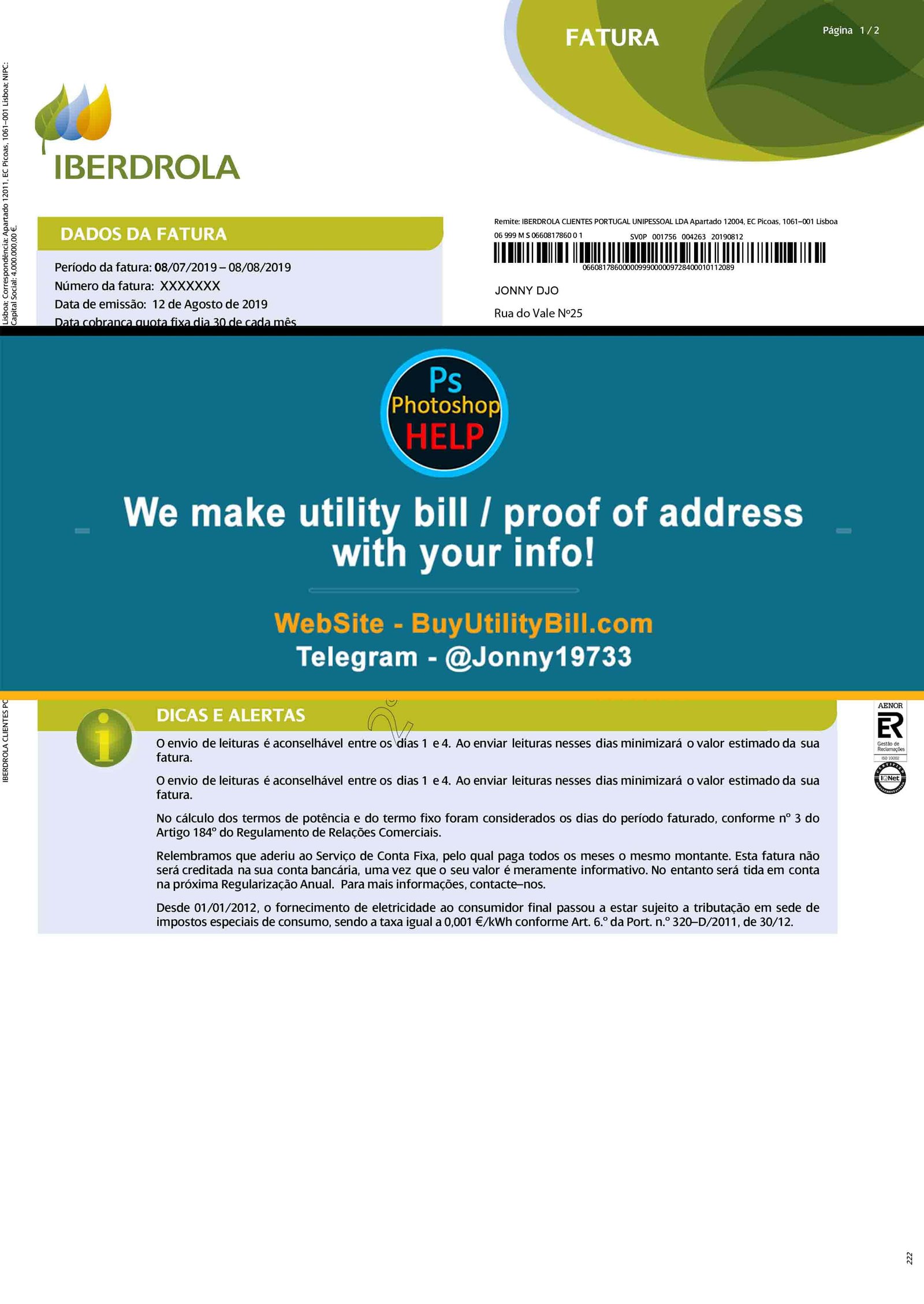 Portugal Energia Fake Utility Bill Eberdrola Sample Fake utility bill