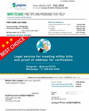 Maryland Pepco utility Sample Fake utility bill