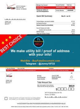 California Verizon utility bill Sample Fake utility bill